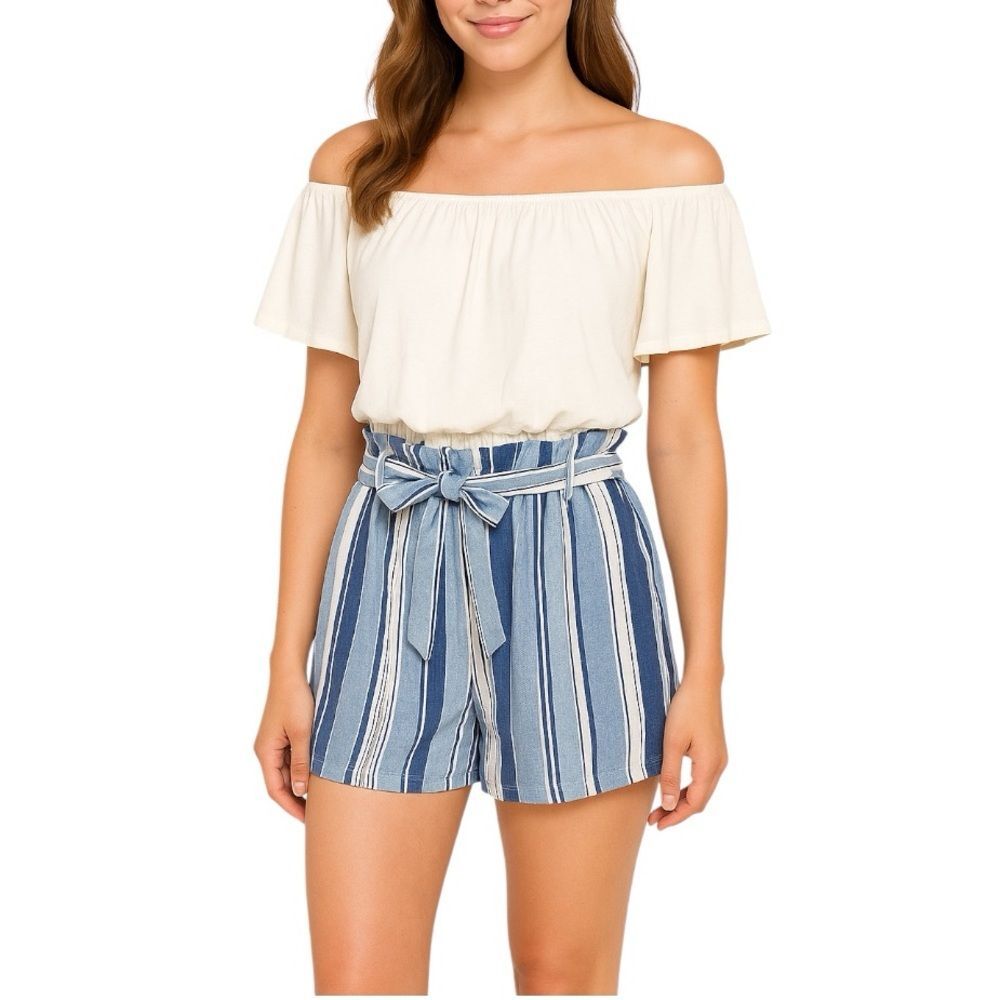 L.A. Gypsy Women’s Off-Shoulder Striped Romper | Size Large